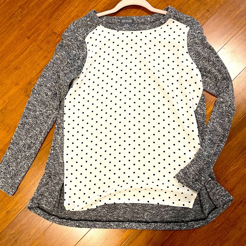 Black & White Polka Dot Sweater Shirt with Charcoal Sleeves